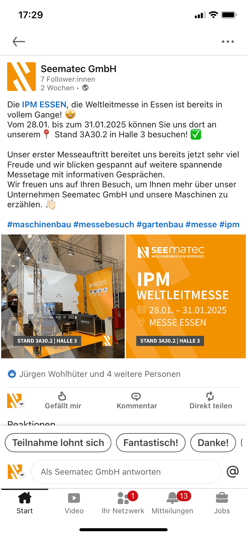 Screenshot vom Social Media Accound der Seematec GmbH erstellt von der Werbeagentur medienlove GmbH